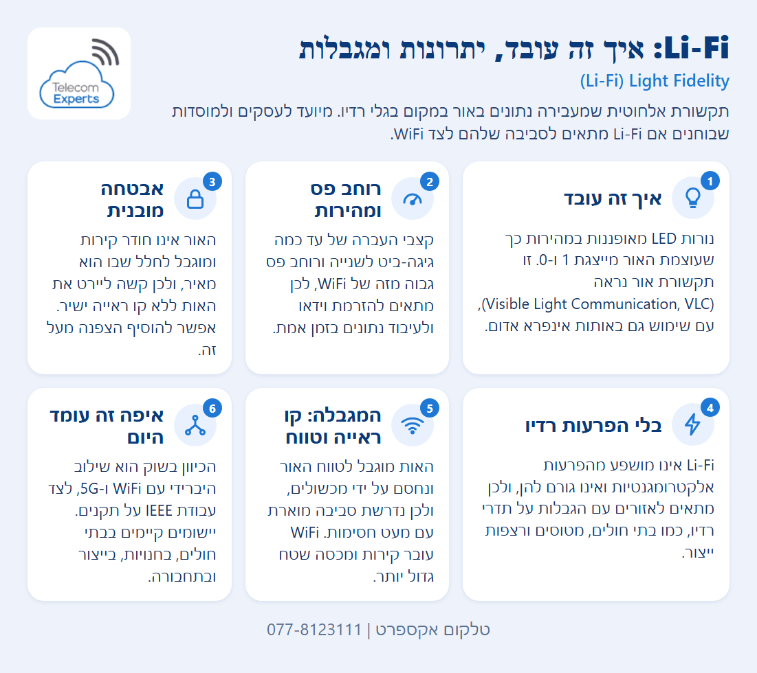 שישה כרטיסים על Li-Fi: אפנון אור LED, מהירות של גיגה-ביט, אבטחה בלי חדירת קירות, היעדר הפרעות רדיו, מגבלת קו ראייה ושילוב עם WiFi