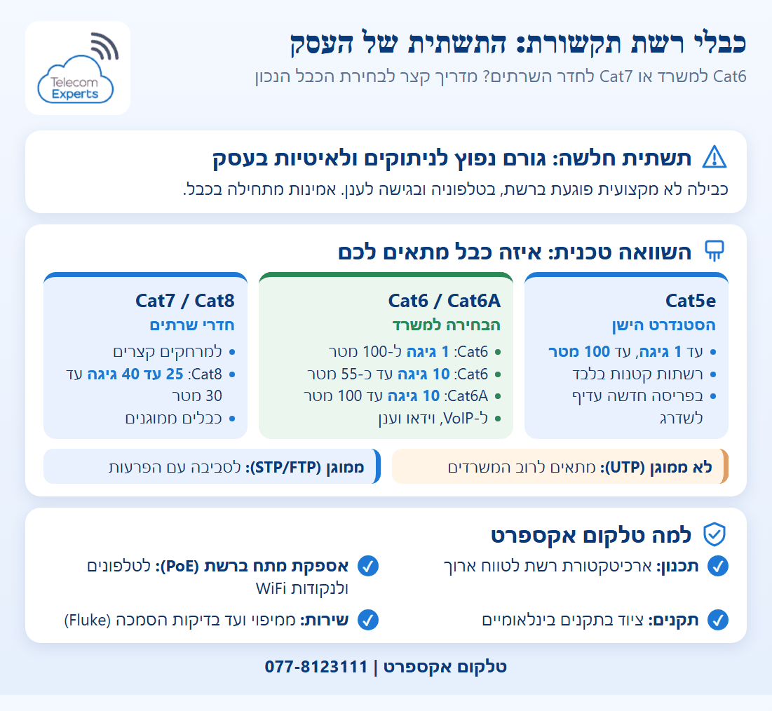 השוואת כבלי רשת תקשורת Cat5e, Cat6/Cat6A ו-Cat7/Cat8 לפי מהירות, מרחק ושימוש, לצד מיגון UTP מול STP/FTP ויתרונות התכנון וההתקנה