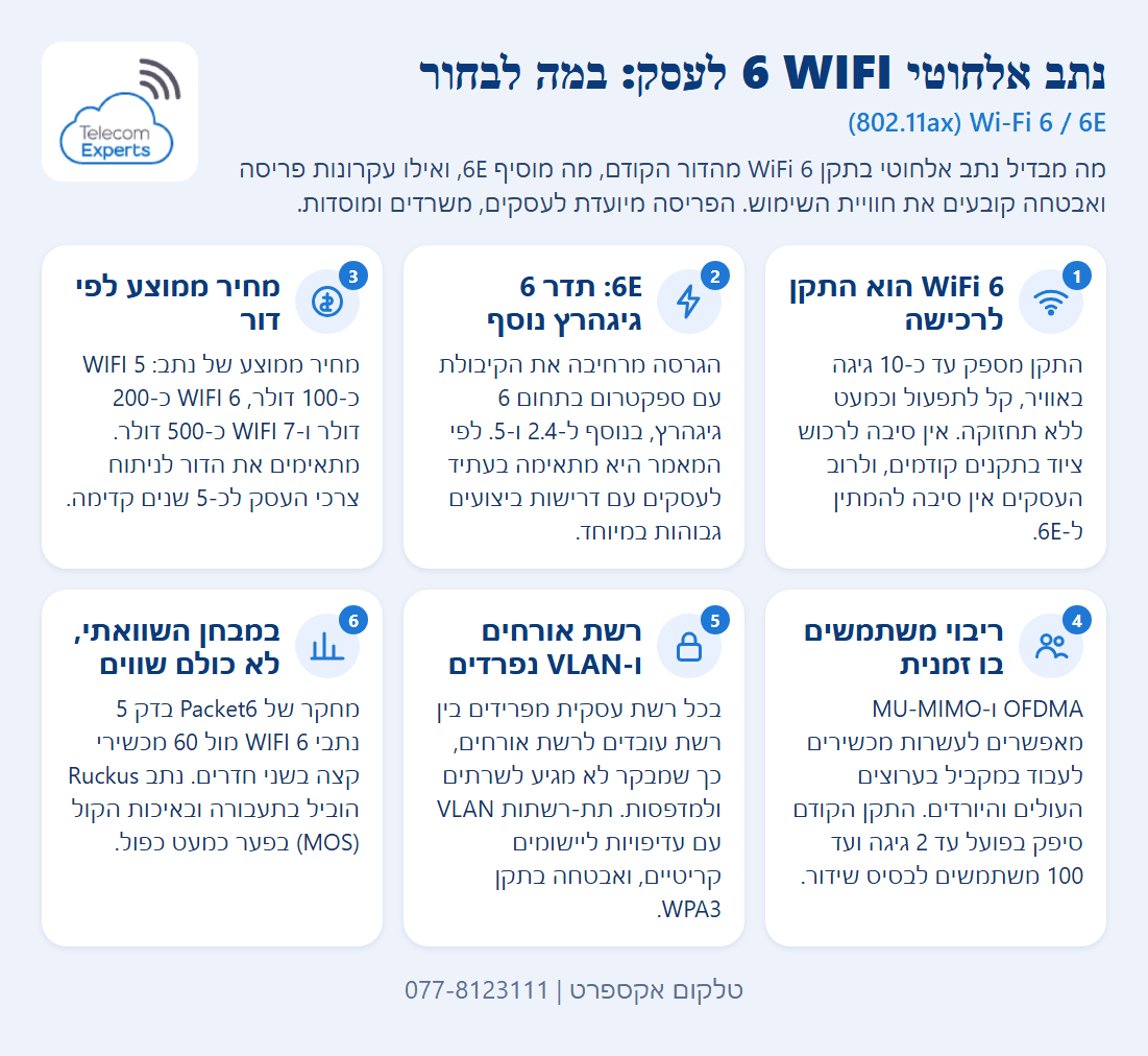 שישה כרטיסים על בחירת נתב אלחוטי 6 WIFI לעסק: התקן, תוספת 6E, מחיר לפי דור, ריבוי משתמשים, הפרדת רשת אורחים ותוצאות מבחן השוואתי